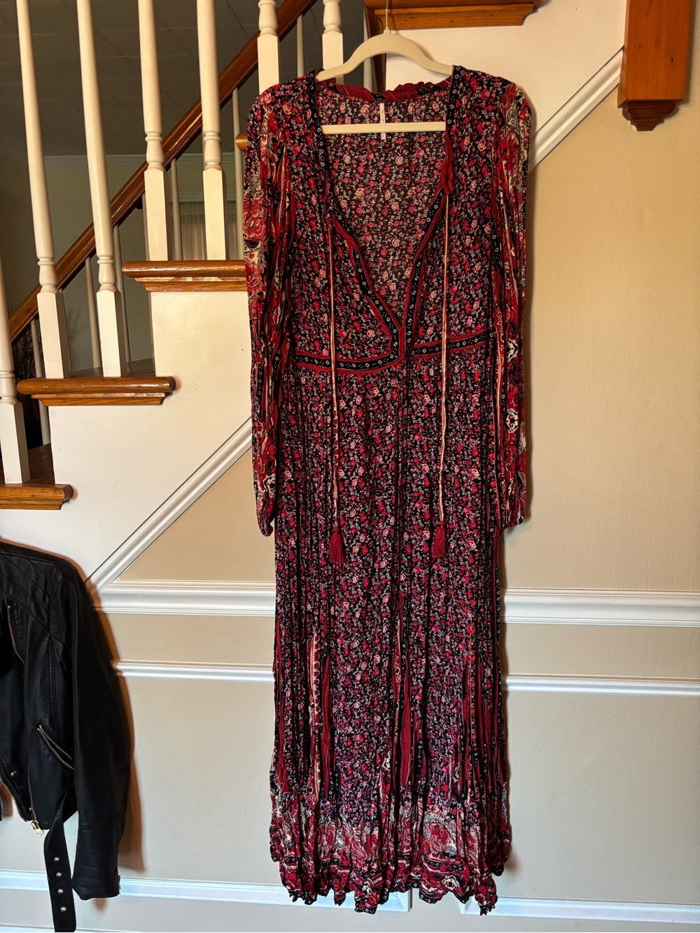 Free People Bohemian Long Floral Maxi Dress in Red Floral